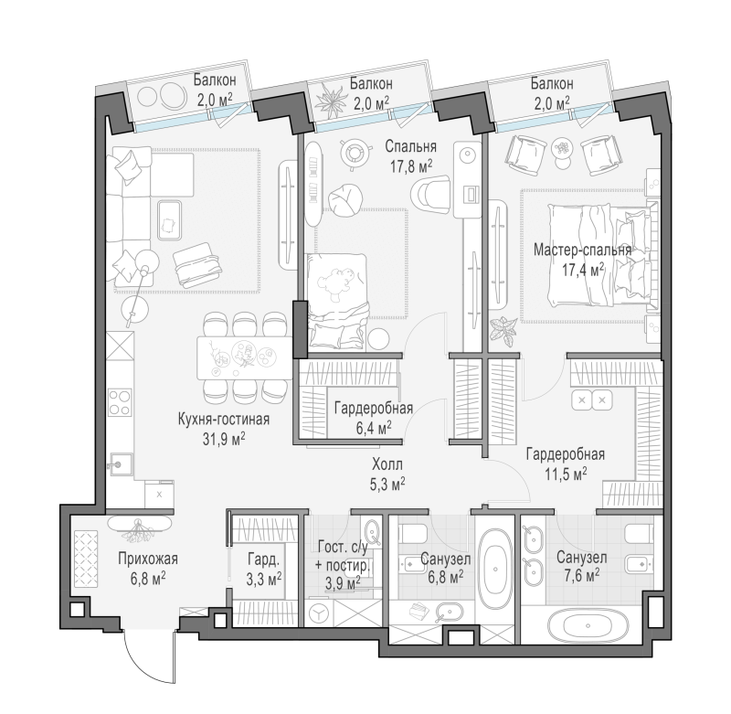 3 ккв (Евро) 121,9 м²