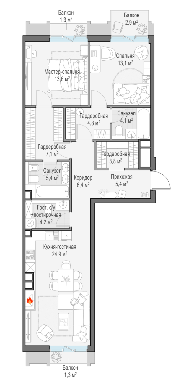 3 ккв (Евро) 95,6 м²