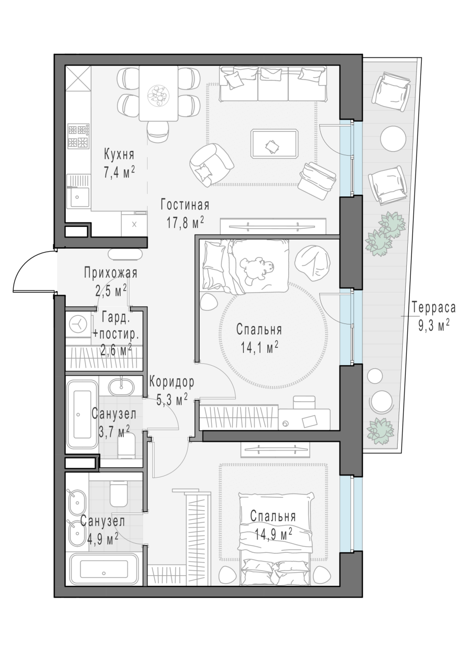 3 ккв (Евро) 76 м²