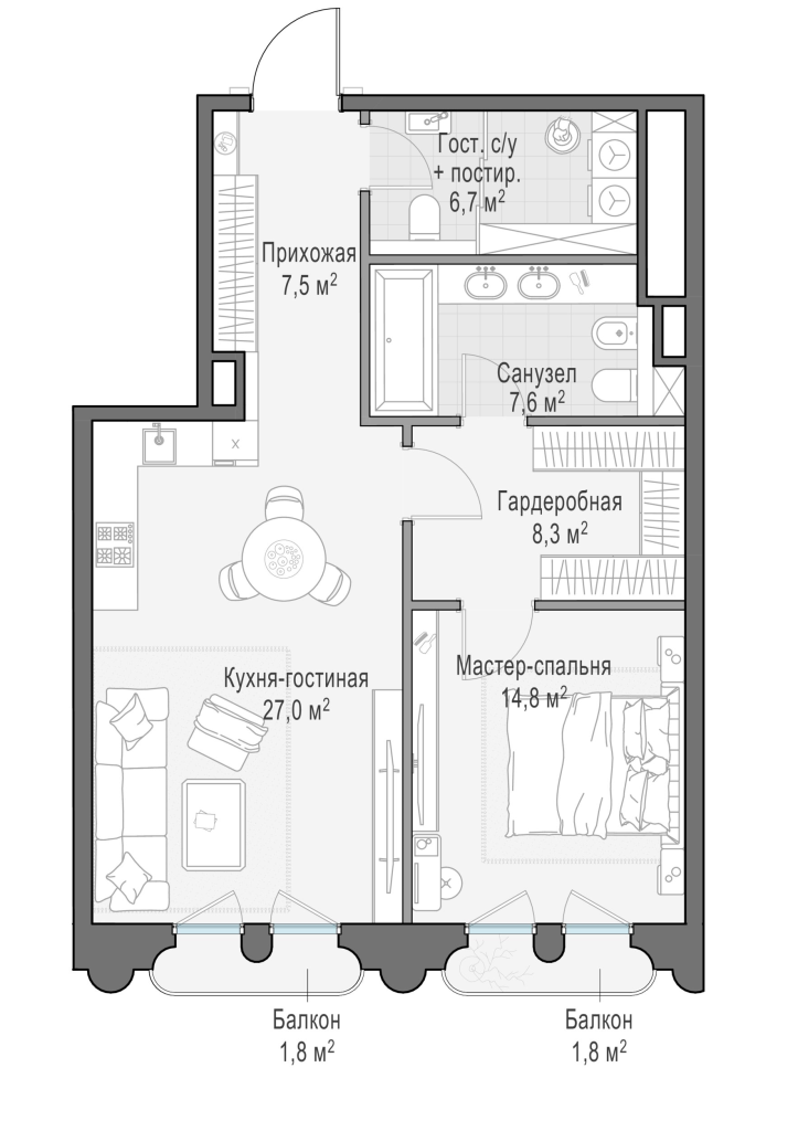 2 ккв (Евро) 73,8 м²