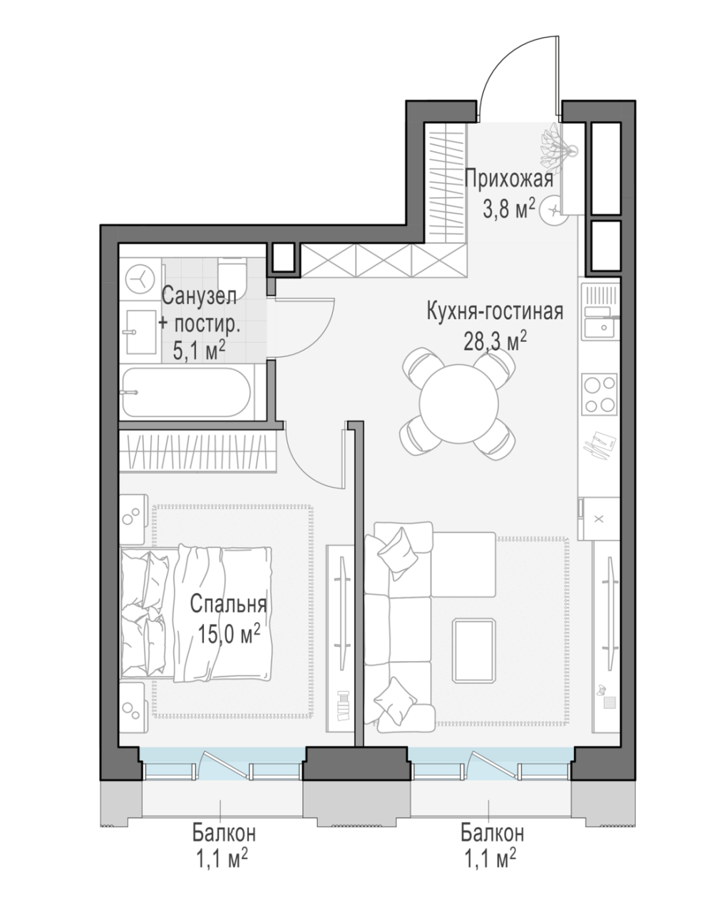 2 ккв (Евро) 52,8 м²