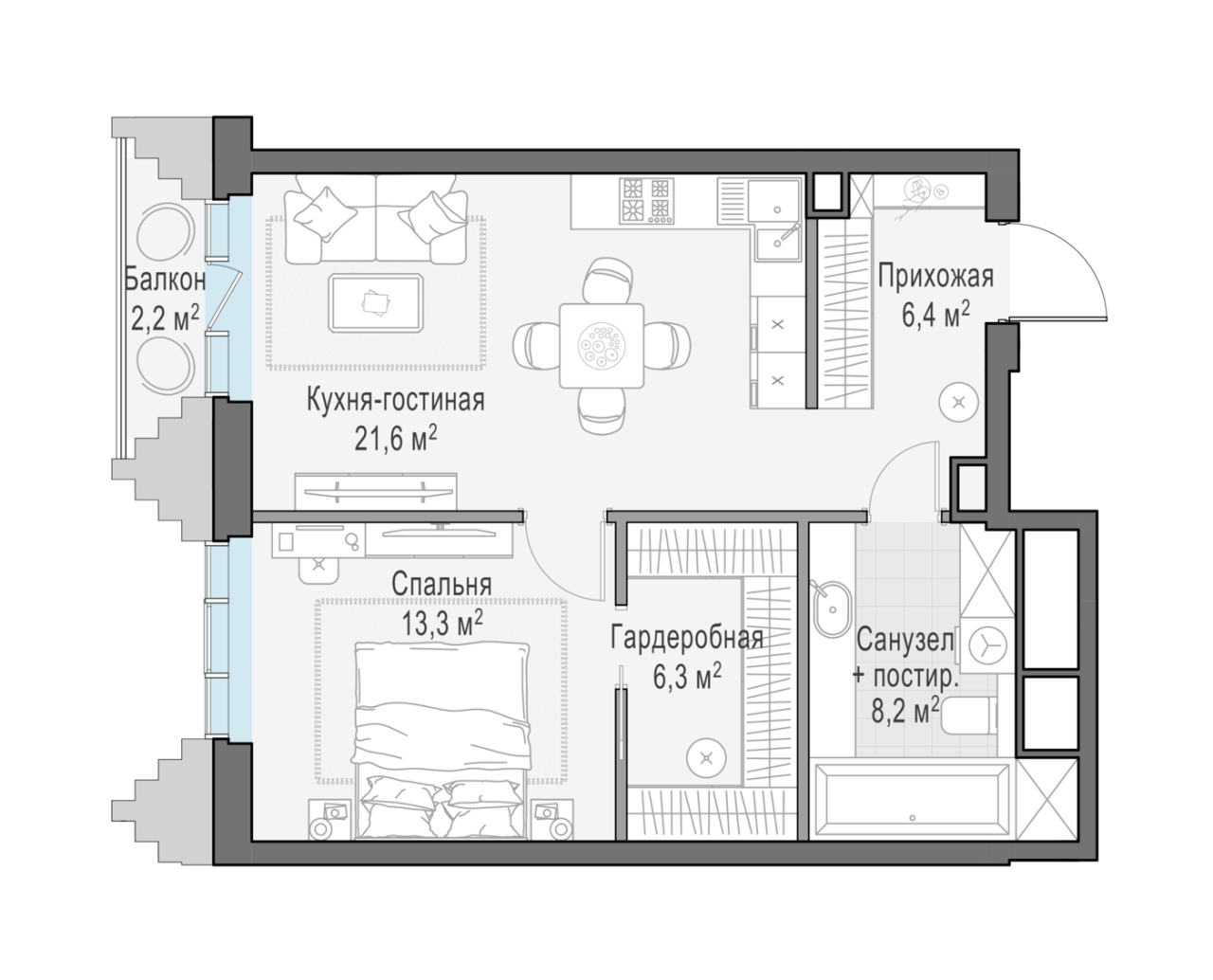 2 ккв (Евро) 56 м²