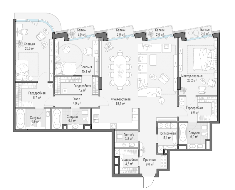 4 ккв (Евро) 197,9 м²