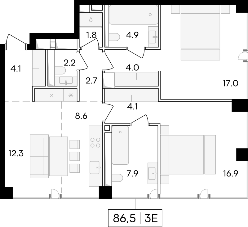 3 ккв (Евро) 86,9 м²