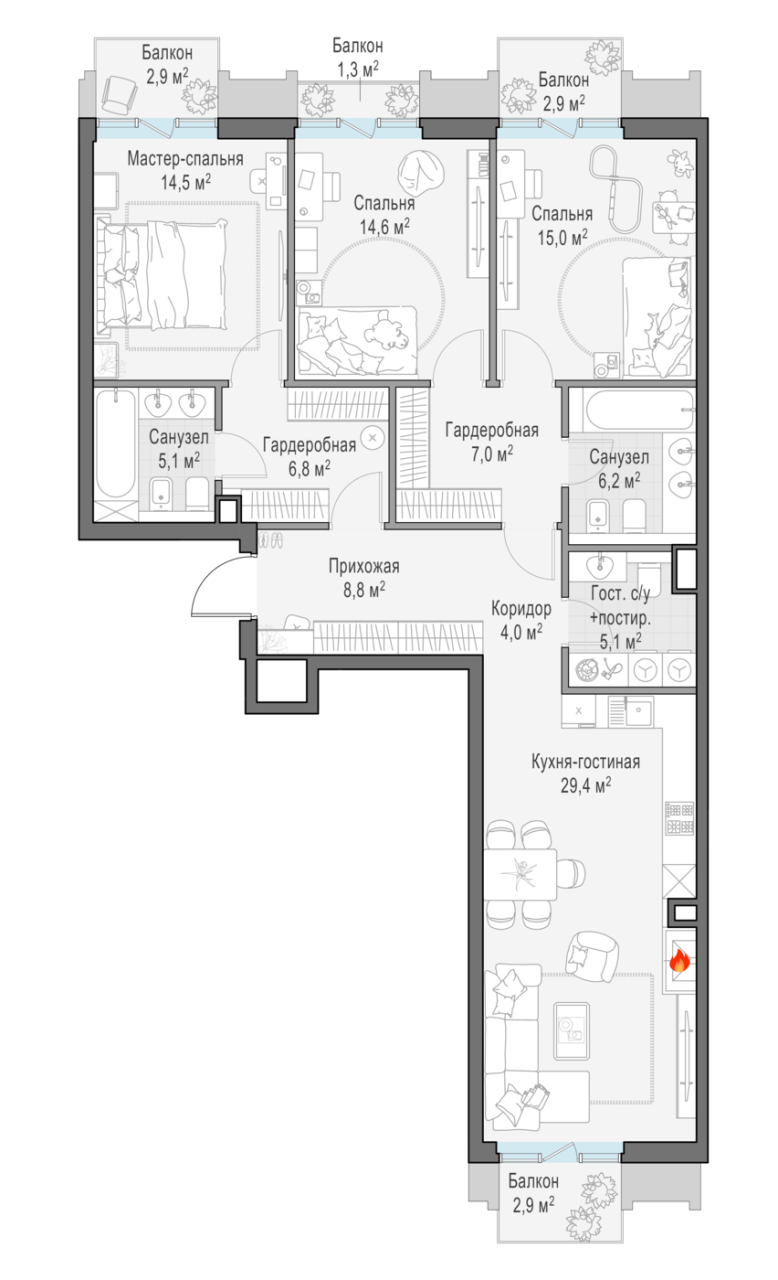 4 ккв (Евро) 121,9 м²