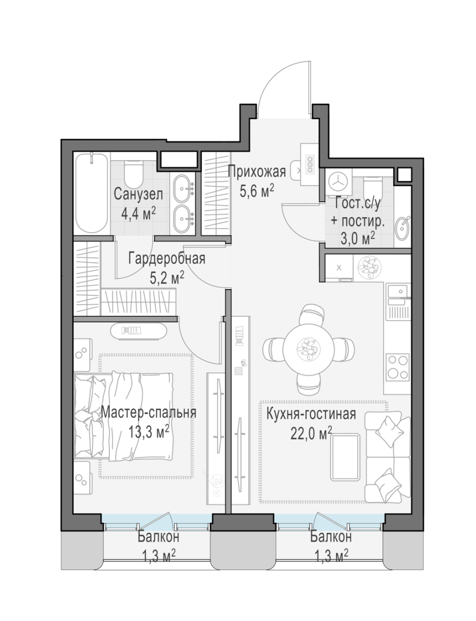 2 ккв (Евро) 54,6 м²