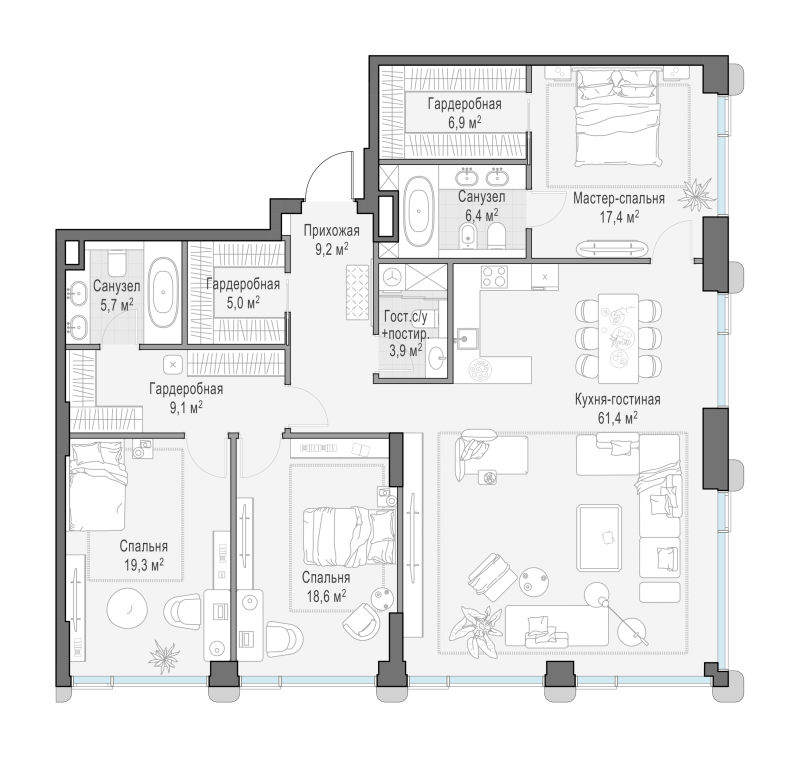 4 ккв (Евро) 166,2 м²