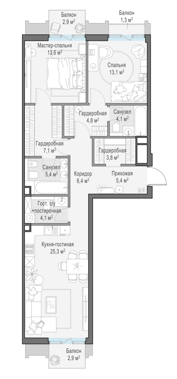 3 ккв (Евро) 96,7 м²