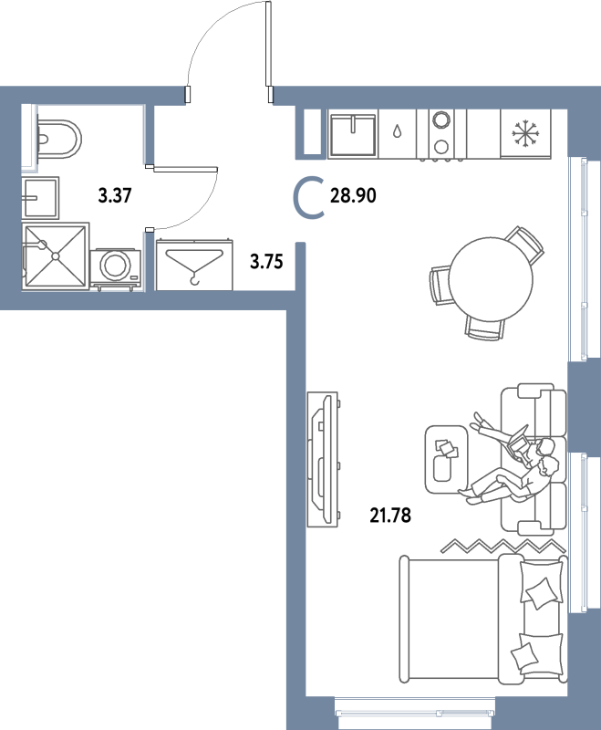 Студия 28,9 м²