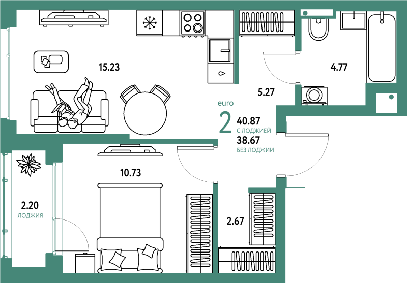 2 ккв (Евро) 40,9 м²