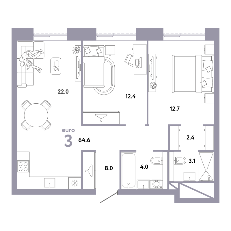 3 ккв (Евро) 64,6 м²