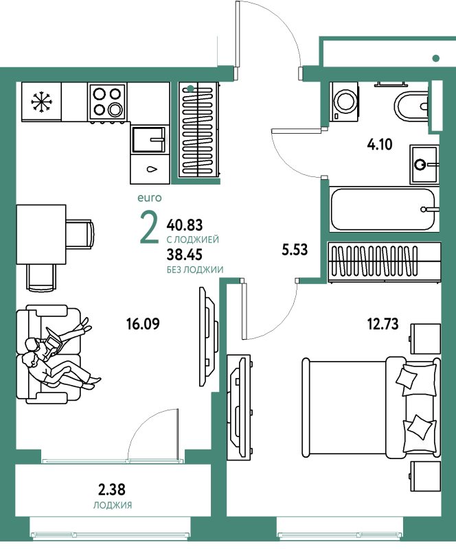 2 ккв (Евро) 40,8 м²