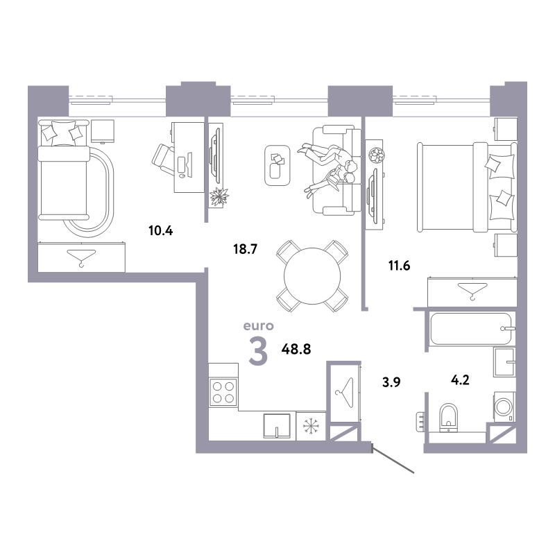 3 ккв (Евро) 48,8 м²