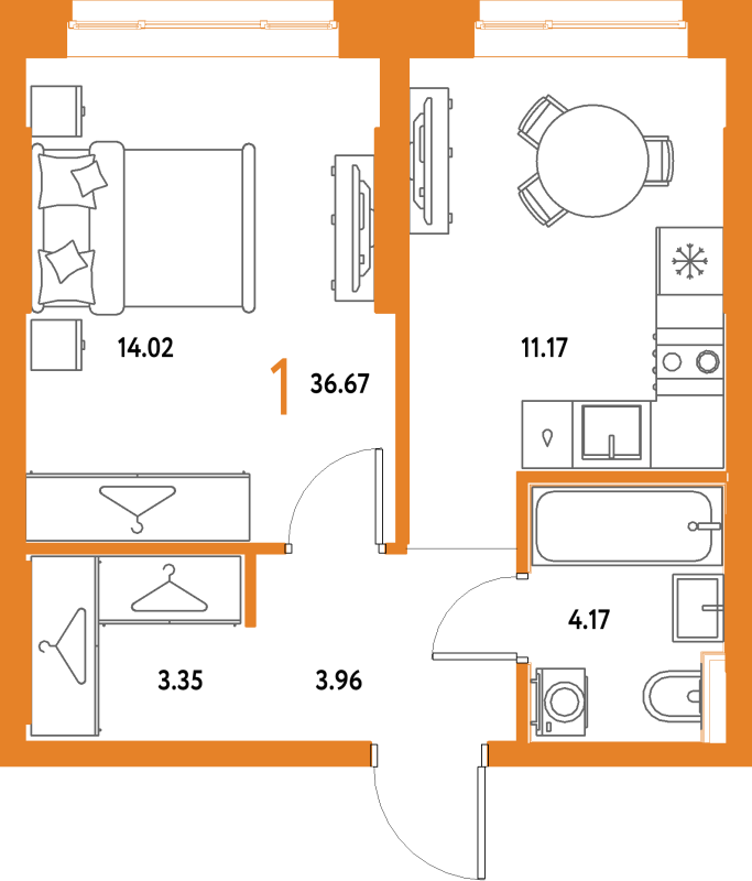 1 ккв 36,7 м²