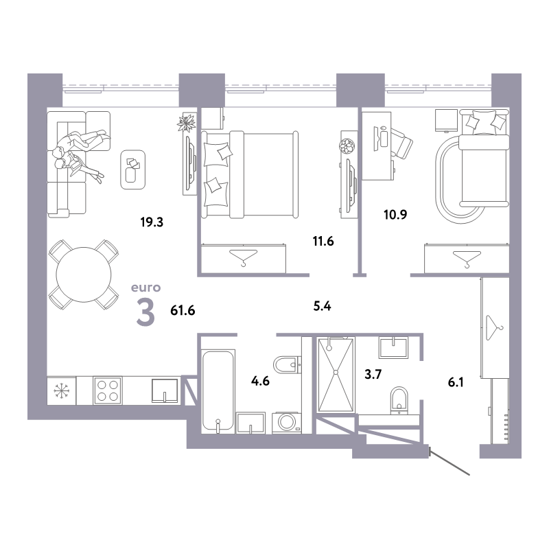 3 ккв (Евро) 61,6 м²
