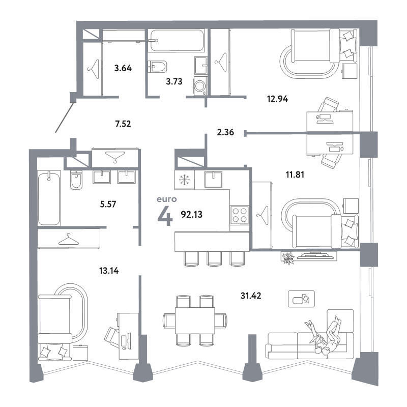 4 ккв (Евро) 92,1 м²