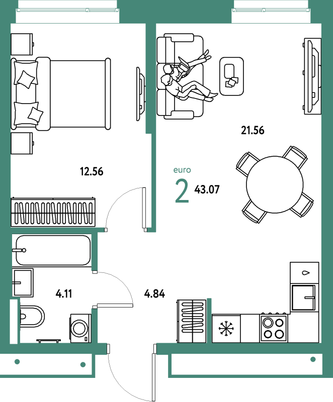 2 ккв (Евро) 43,1 м²