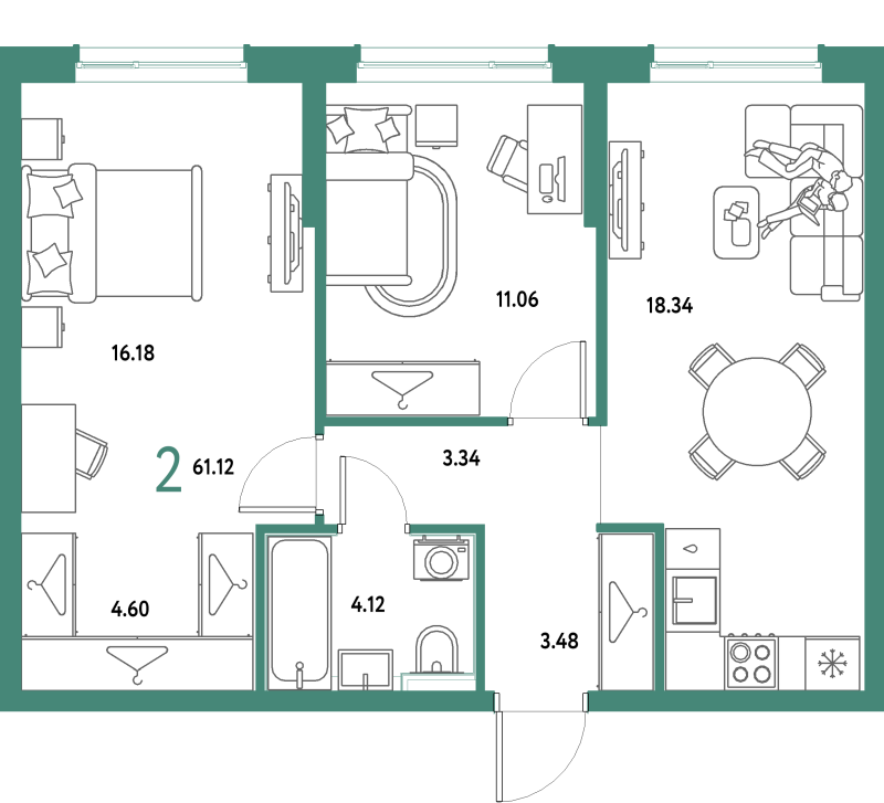 3 ккв (Евро) 61,1 м²