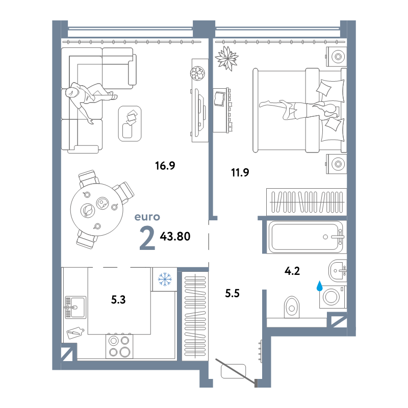 2 ккв (Евро) 43,8 м²