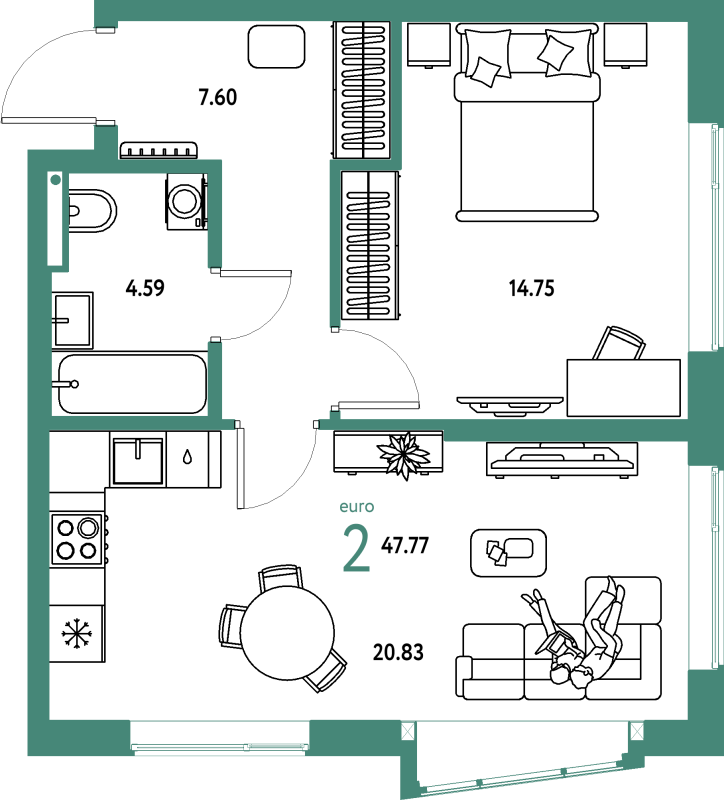 2 ккв (Евро) 47,8 м²
