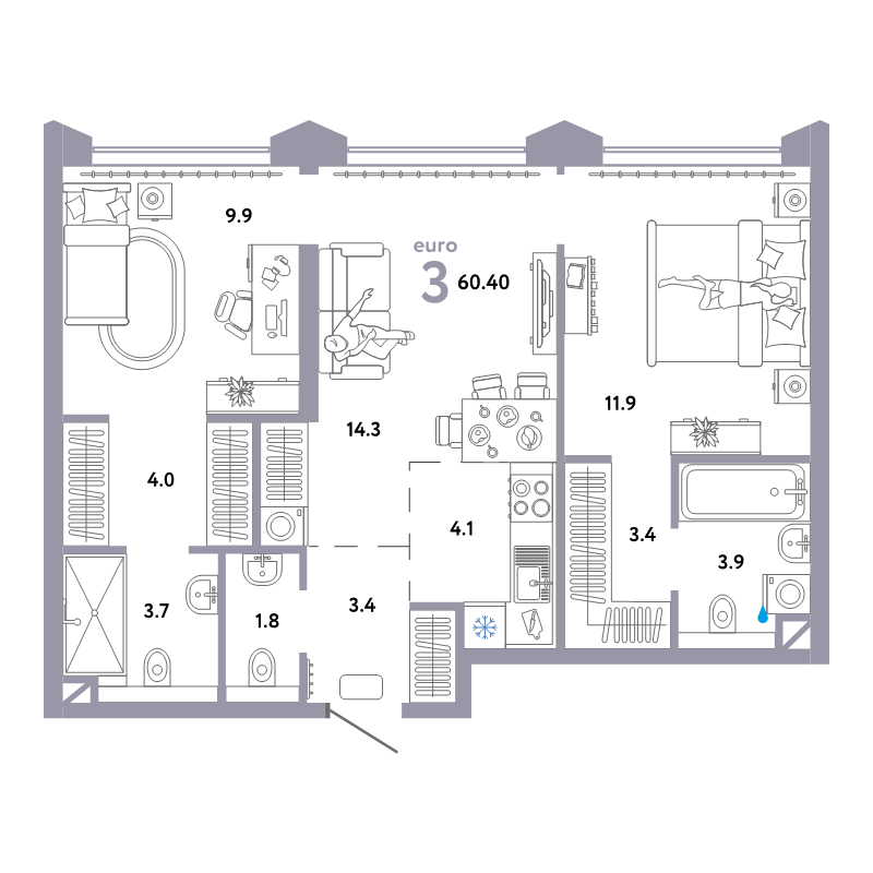 3 ккв (Евро) 60,4 м²