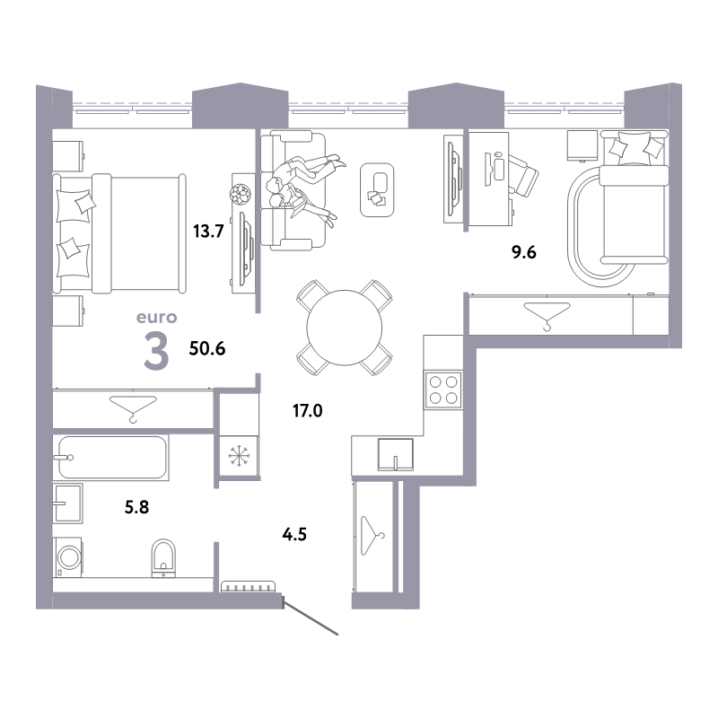 3 ккв (Евро) 50,6 м²