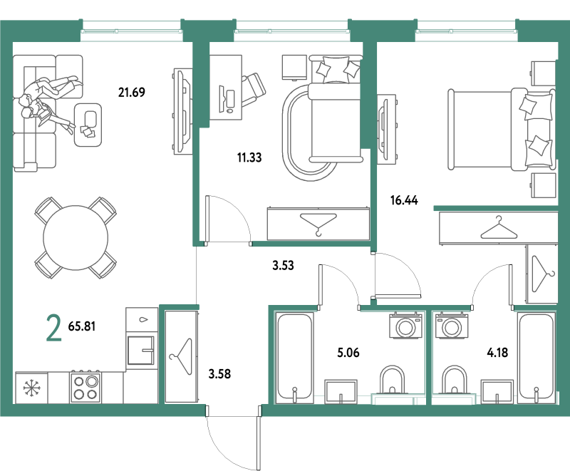 3 ккв (Евро) 65,8 м²