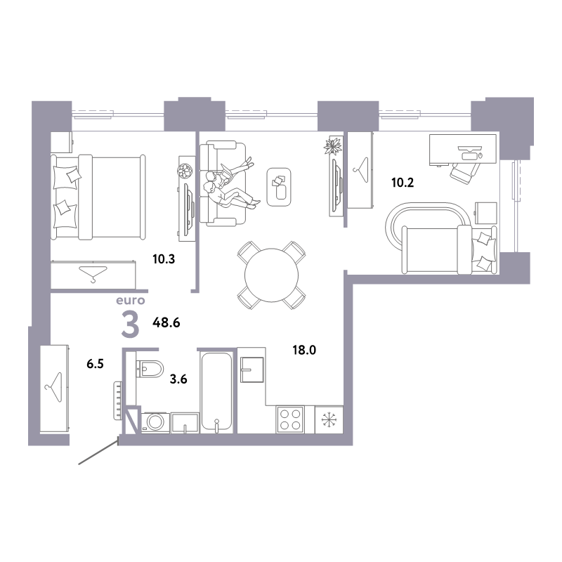 3 ккв (Евро) 48,6 м²