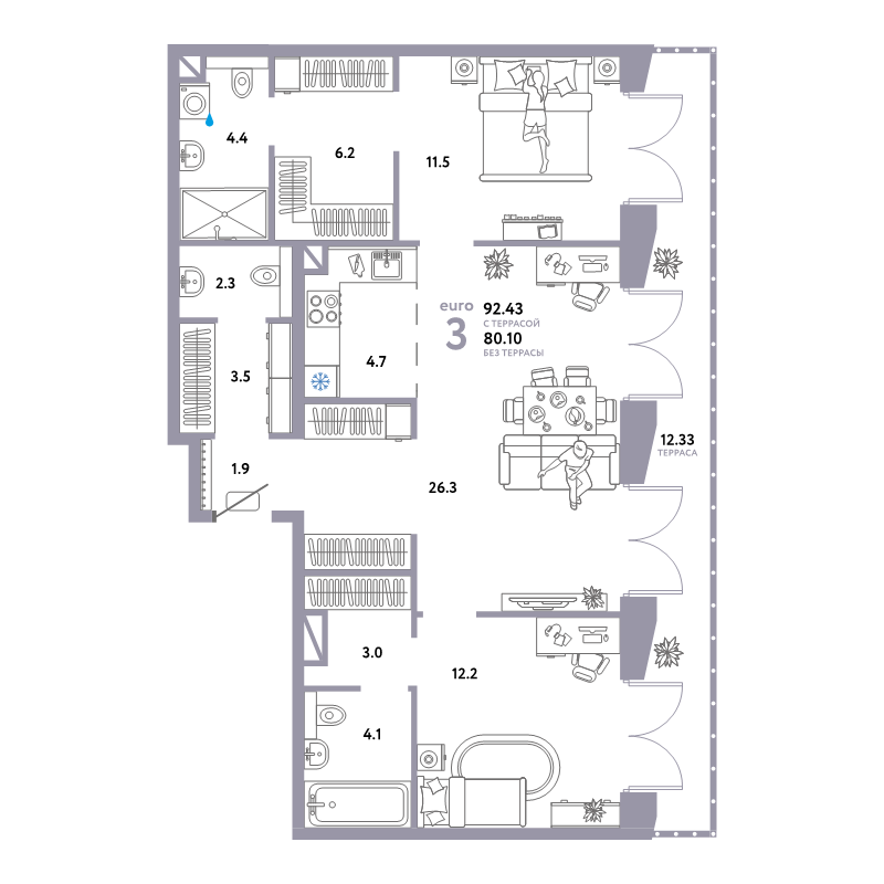 3 ккв (Евро) 92,4 м²