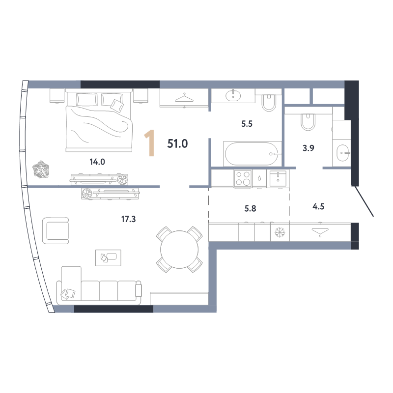 2 ккв (Евро) 51 м²