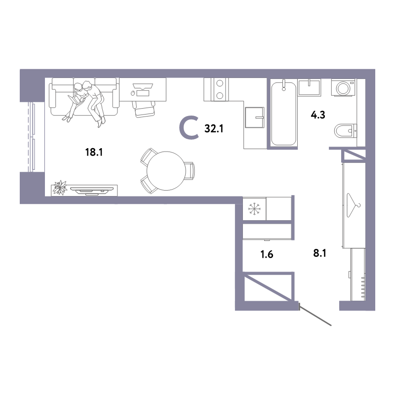 Студия 32,1 м²