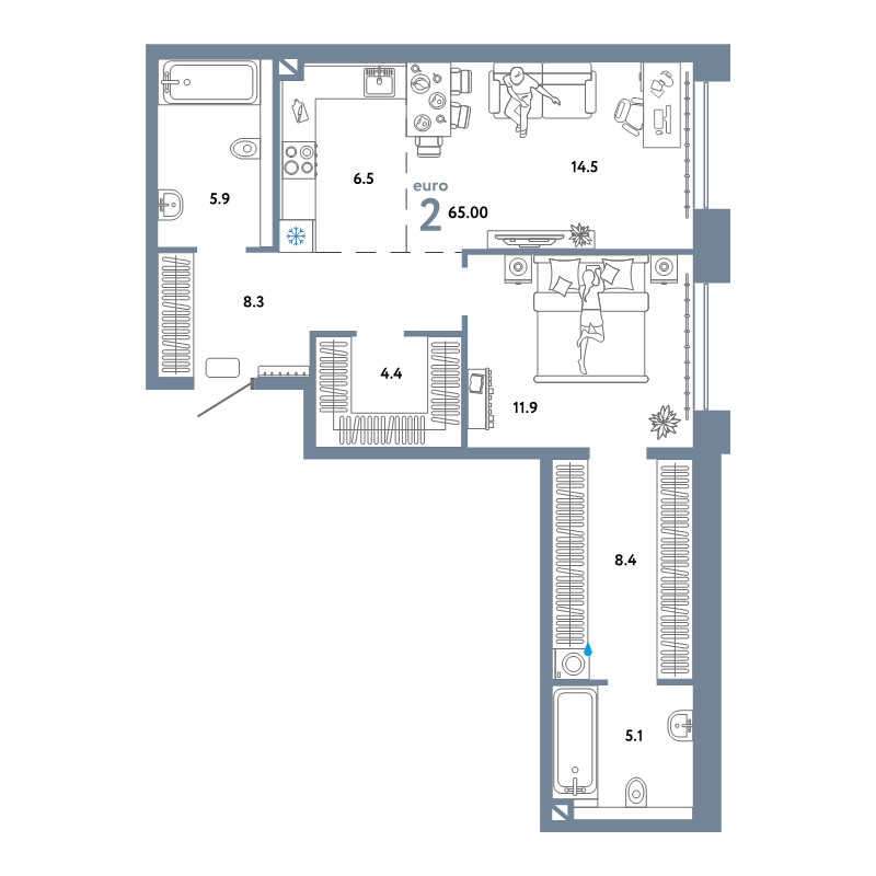 2 ккв (Евро) 65 м²