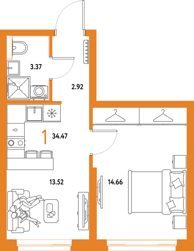 1 ккв 34,5 м²