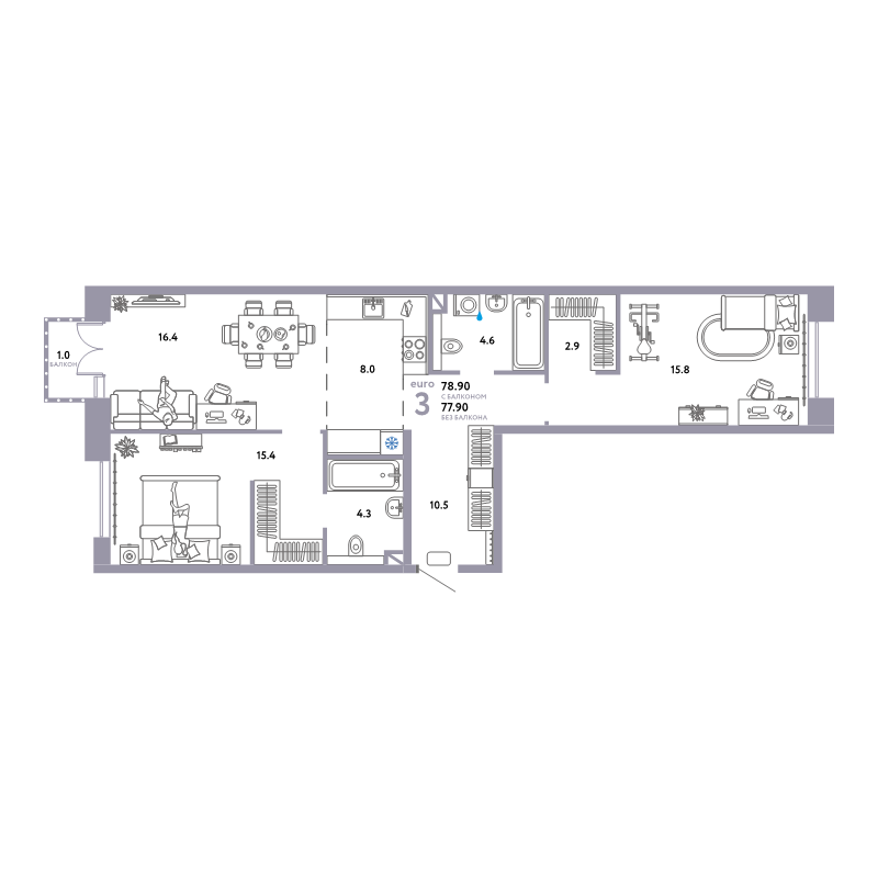 3 ккв (Евро) 78,9 м²