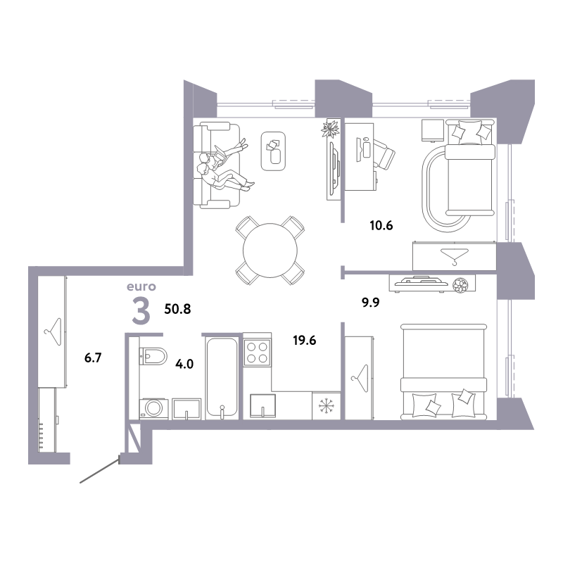 3 ккв (Евро) 50,8 м²