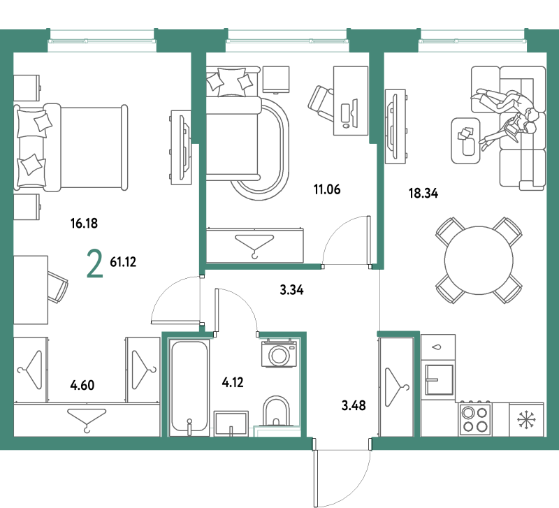 3 ккв (Евро) 61,1 м²