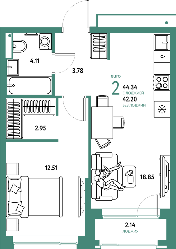 2 ккв (Евро) 44,3 м²