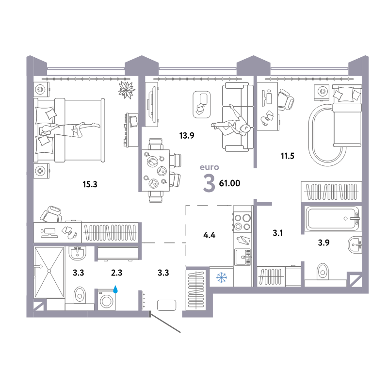 3 ккв (Евро) 61 м²