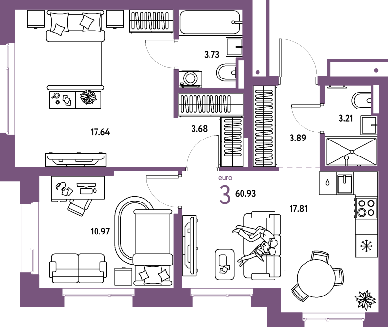 3 ккв (Евро) 60,9 м²