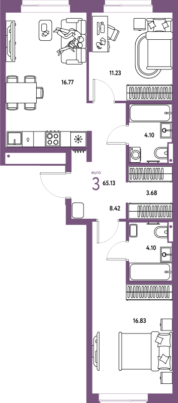 3 ккв (Евро) 65,1 м²