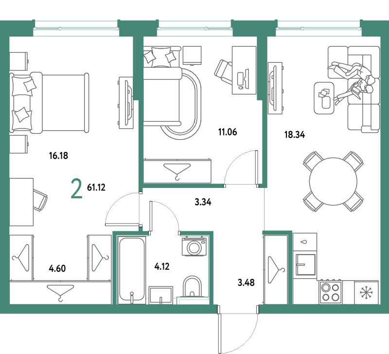 3 ккв (Евро) 61,1 м²