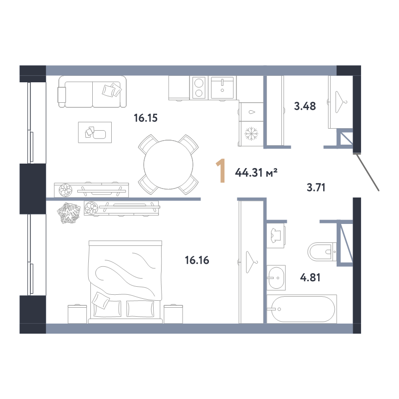 2 ккв (Евро) 44,3 м²