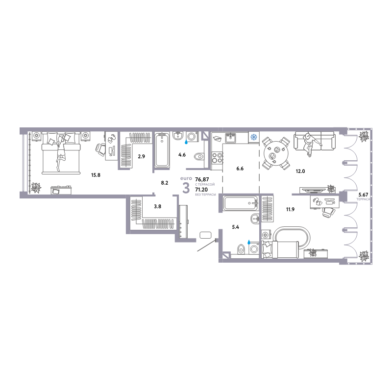 3 ккв (Евро) 76,9 м²