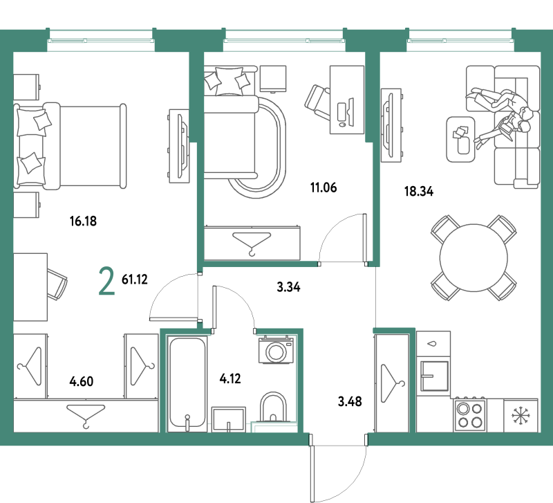 3 ккв (Евро) 61,1 м²