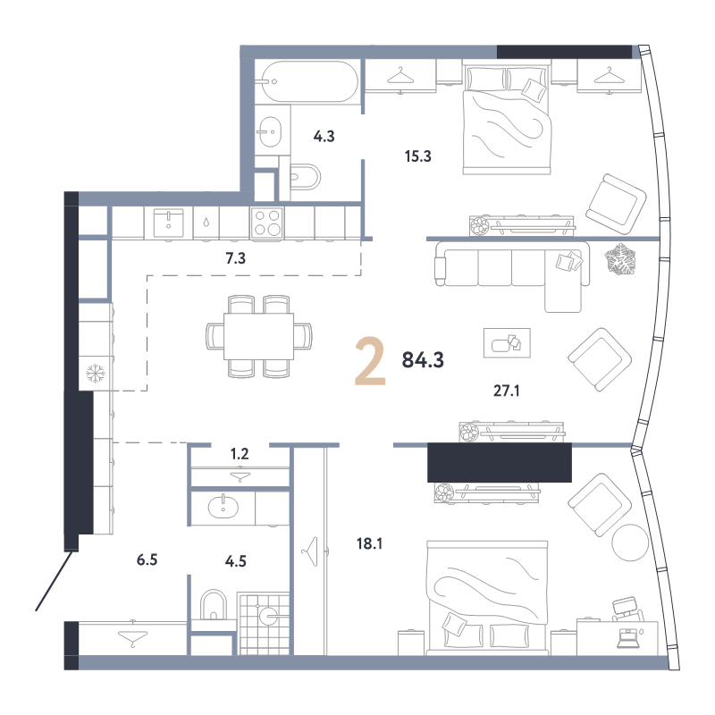 3 ккв (Евро) 84,3 м²