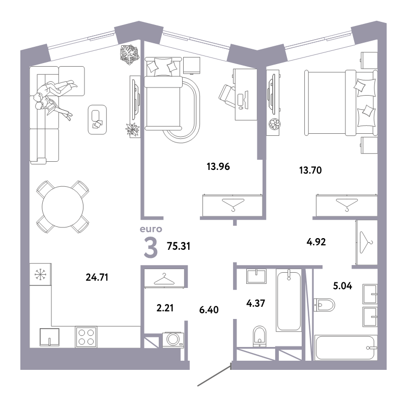 3 ккв (Евро) 75,3 м²