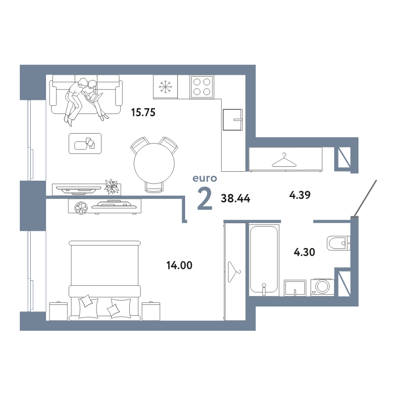 2 ккв (Евро) 38,4 м²