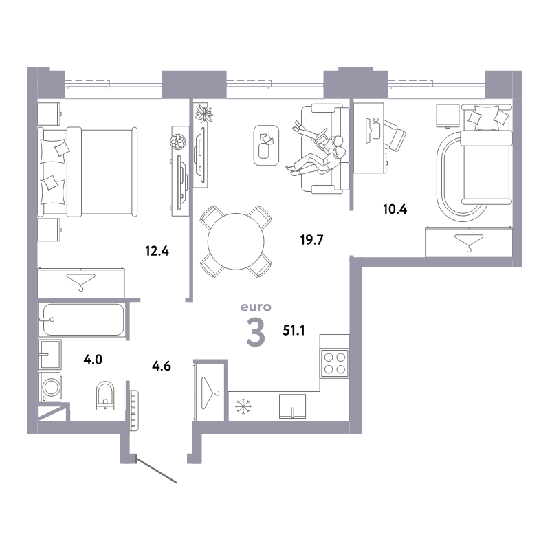 3 ккв (Евро) 51,1 м²