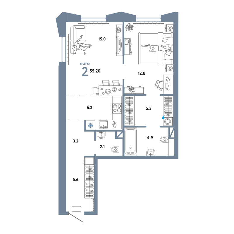 2 ккв (Евро) 55,2 м²