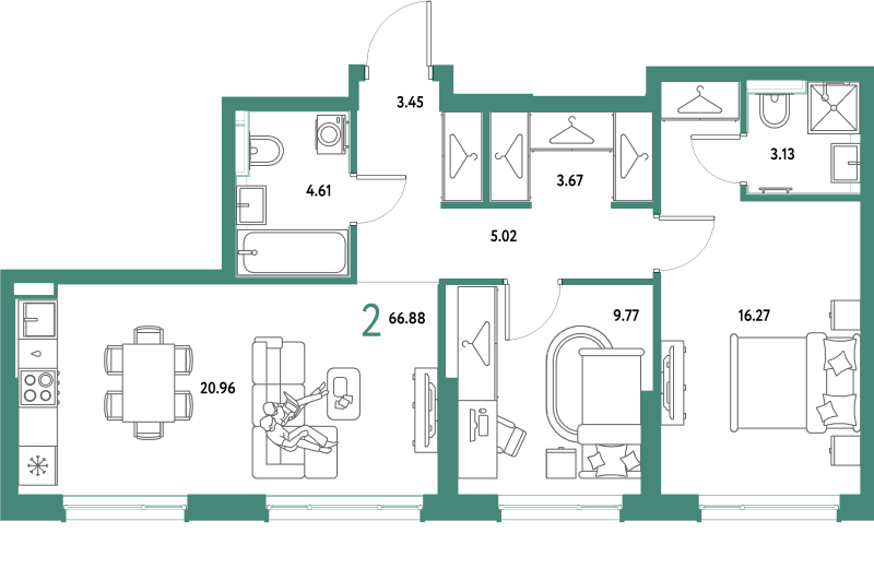 3 ккв (Евро) 66,9 м²